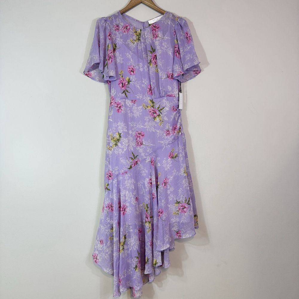 ASTR THE LABEL Asymmetric Ruffle Hem Midi Dress Lilac Purple Floral Size L - Picture 2 of 6